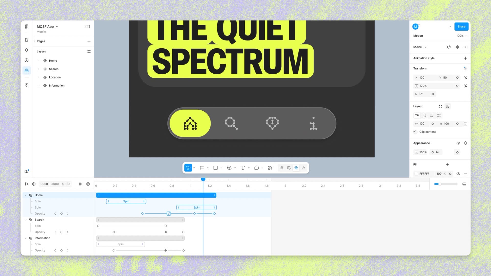 Interfaz de Figma Motion en el lienzo: línea de tiempo de animación junto a un diseño de componentes con keyframes de posición, escala y opacidad